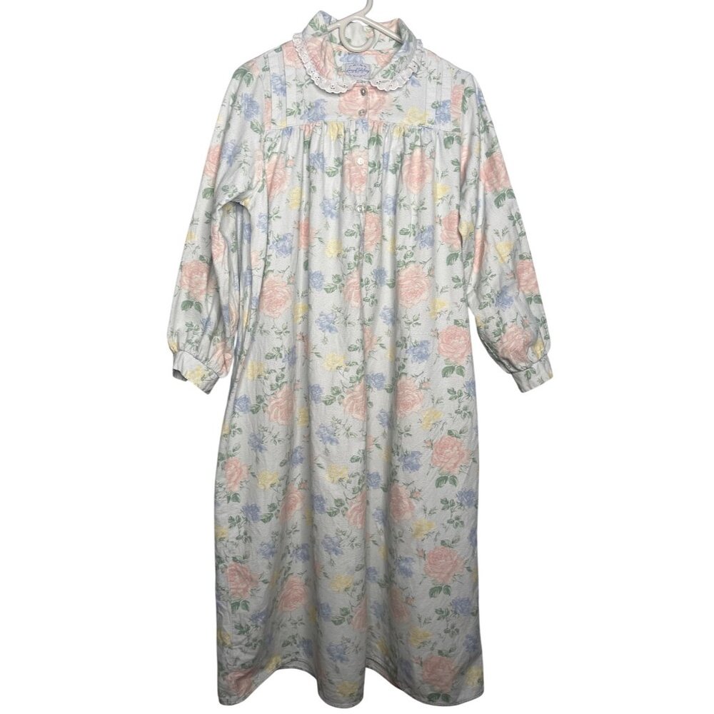Vintage Lanz of Salzburg Long Sleeve Cotton Flannel Nightgown S Pastel Floral